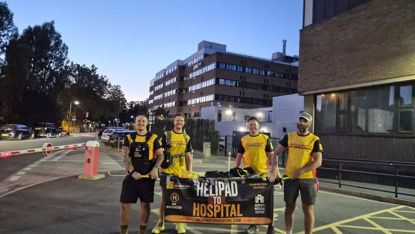 At Queen's Medical Centre with the Helipad to Hospital banner